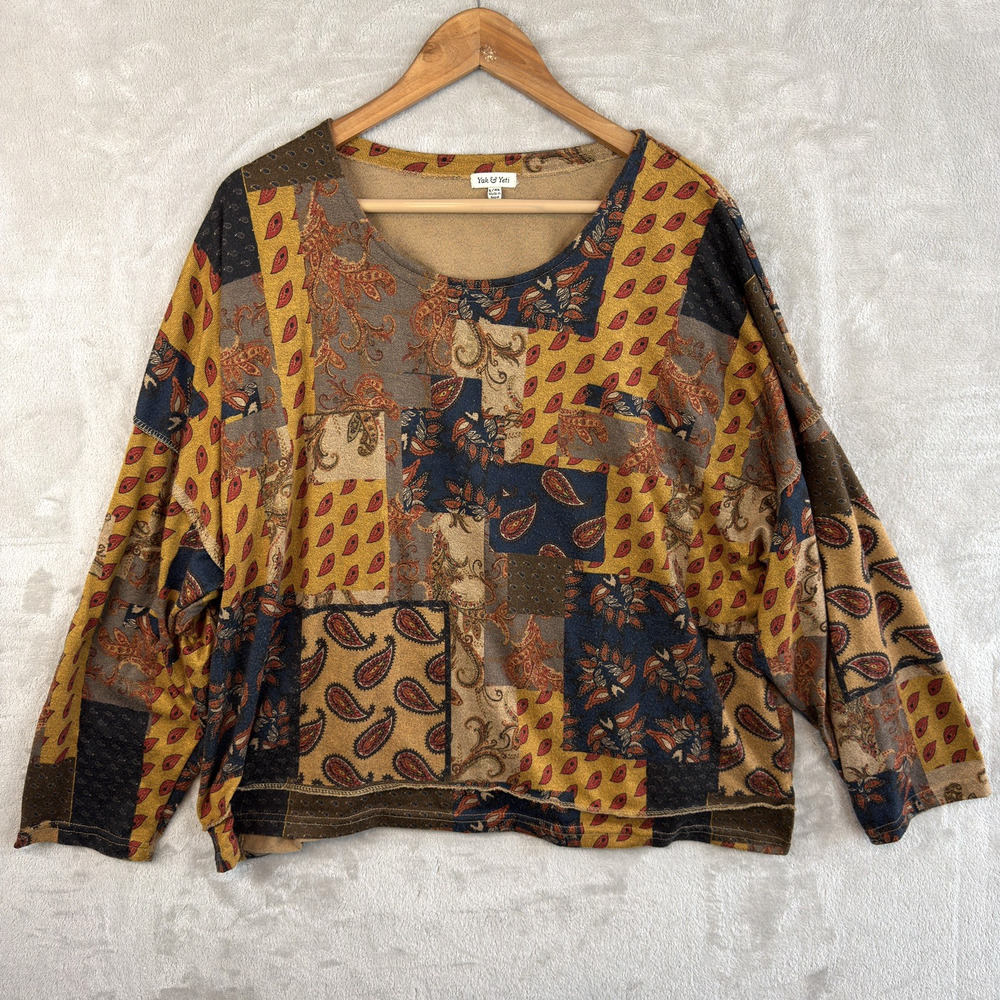 Yak & Yeti Patchwork Paisley Top Women's L/XL Poly Elastic Boho Cottagecore